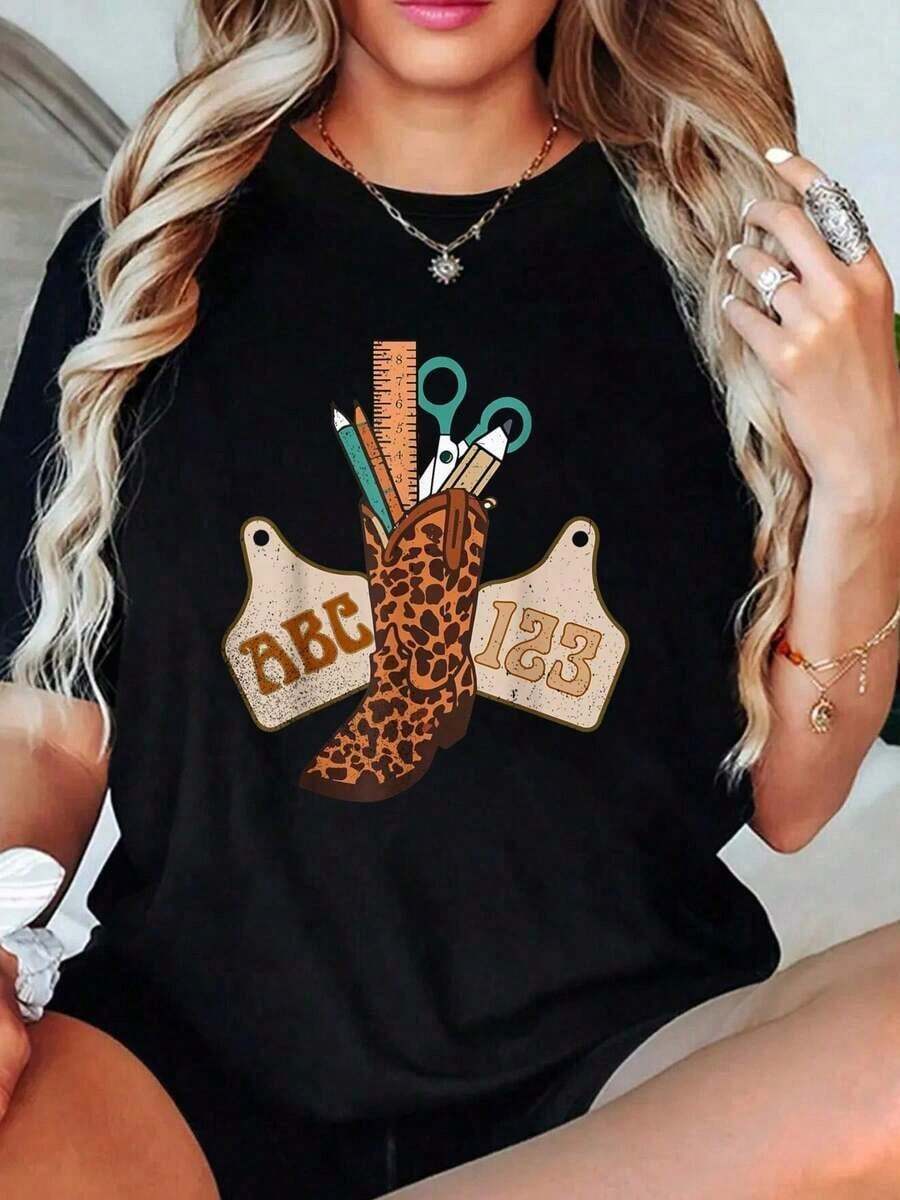 1 Piece, 100% Cotton, ABC 123 Western Teacher Life Cowboy Cowgirl Teaching T-Shirt For Women, Summer Clothing For Women, 100% Cotton. - 黑色 - 查看 1