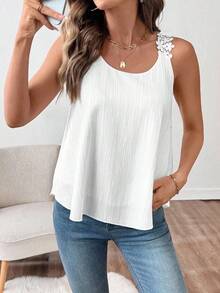 Camiseta sin mangas con cuello redondo y apliques florales para mujer - Blanco - Ver 4