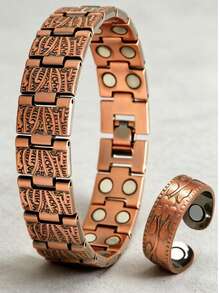 1 Set Vintage Fashionable Adjustable Double-Row Magnetic Bracelet + Ring For Men, Gift Box Packaging, Suitable For Daily Wear, Festivals, Etc. - Bronze - View 1