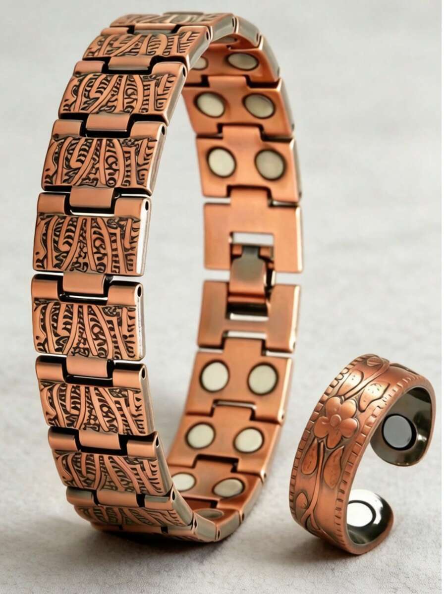 1 Set Vintage Fashionable Adjustable Double-Row Magnetic Bracelet + Ring For Men, Gift Box Packaging, Suitable For Daily Wear, Festivals, Etc. - Bronze - View 1