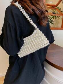 Dedoo 1pc Pearl Beaded Woven Faux Pearl Handbag, Multifunctional Women's Shoulder Bag Suitable For Formal Occasions Or Daily Commute - White - View 8