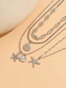 4pcs/Set Handmade Shell Necklace, Fashionable Multi-Layer Starfish & Shell Pendant Necklace Design, Suitable For Beach Vacation, Daily Wear And Party, Adjustable Chain Length - Multicolor - View 3