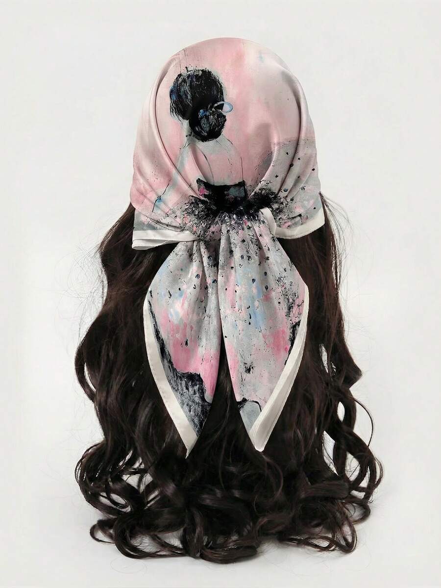 1pc Polyester Printed Casual Scarf, 70cm Square, Versatile Accessory For All Seasons - 4# White Edge - View 1