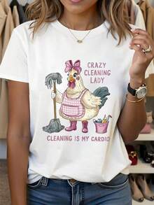 Camiseta de tela suave para mujer, talla grande, de manga corta, camiseta estampada para mujer "Crazy Cleaning", top casual de manga corta con cuello redondo, camiseta de moda para mujer de primavera y verano. - Blanco - Ver 2