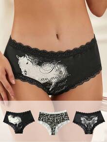 ROMWE Goth 3pcs/Set Dark Punk Style Women's Briefs With Wing, Cross, Skull Prints, Lace Patchwork, Fashionable & Comfortable - Black and White - View 6