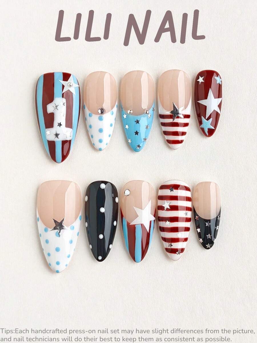 10pcs Handmade Press On Nails , Almond Nails, Cute Nails INS Style, Nude Nails, Red White Blue Nails, Star Design, Striped Pattern, Polka Dot Nails, French Tip Nails, Rhinestone Decor, Hand Painted Nails, For Women & Girls Daily Commute, Party & Office Wear, Reusable Nail Set With Nail Tools, Nail Supplies