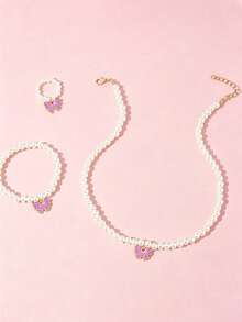 Set de 3 piezas de joyería para niñas con colgante de mariposa, collar con cuentas de perlas falsas, pulsera y anillo, adecuado para uso diario, festivales, fiestas y regalos de cumpleaños - Unitalla - Ver 6