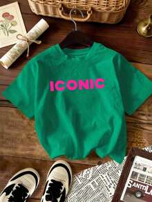 Camiseta de manga corta con estampado de letras, estilo casual para vacaciones de verano - Verde Oscuro - Ver 7
