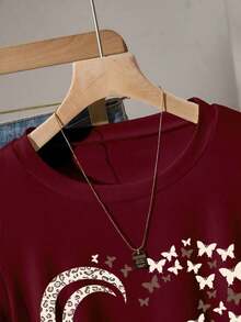 Blusa corta con estampado de corazón, cintura fruncida y ajuste casual para mujer.Versátil y adecuada para el verano, vuelta al colegio, uso diario y vacaciones - Burdeos - Ver 3