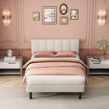 Upholstered Bed, Iron Legs, Slatted Base, Simple Design, 140 X 190 Cm, Mattress Not Included, Sherpa Fabric, Beige Color. - Beige - View 4