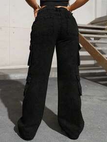 Jeans de mezclilla con bolsillo con solapa y cargo lateral, de estilo sencillo y elegante para uso diario y casual en primavera, color negro - Negro - Ver 7