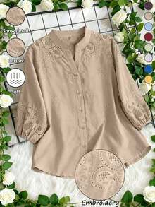 Blusa ligera y semitransparente con cuello en V y bordado sin estructura, para primavera/verano y vacaciones - Caqui - Ver 6