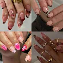 120pcs Mixed Fake Nails Set, Including Medium-Long Almond Shape, Leopard Print, Cherry Pattern, Rhinestone Decor, French Manicure, Full Coverage, Rivet Decor, Suitable For Daily Wear And Parties - Multicolor - View 9