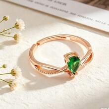 Rose Gold Emerald Teardrop Open Ring: Elegant Green Gem With Adjustable Comfort Fit The Diamonds And Other Gemstones Set In The Product Are Synthetic Simulations - Yellow Gold - View 3