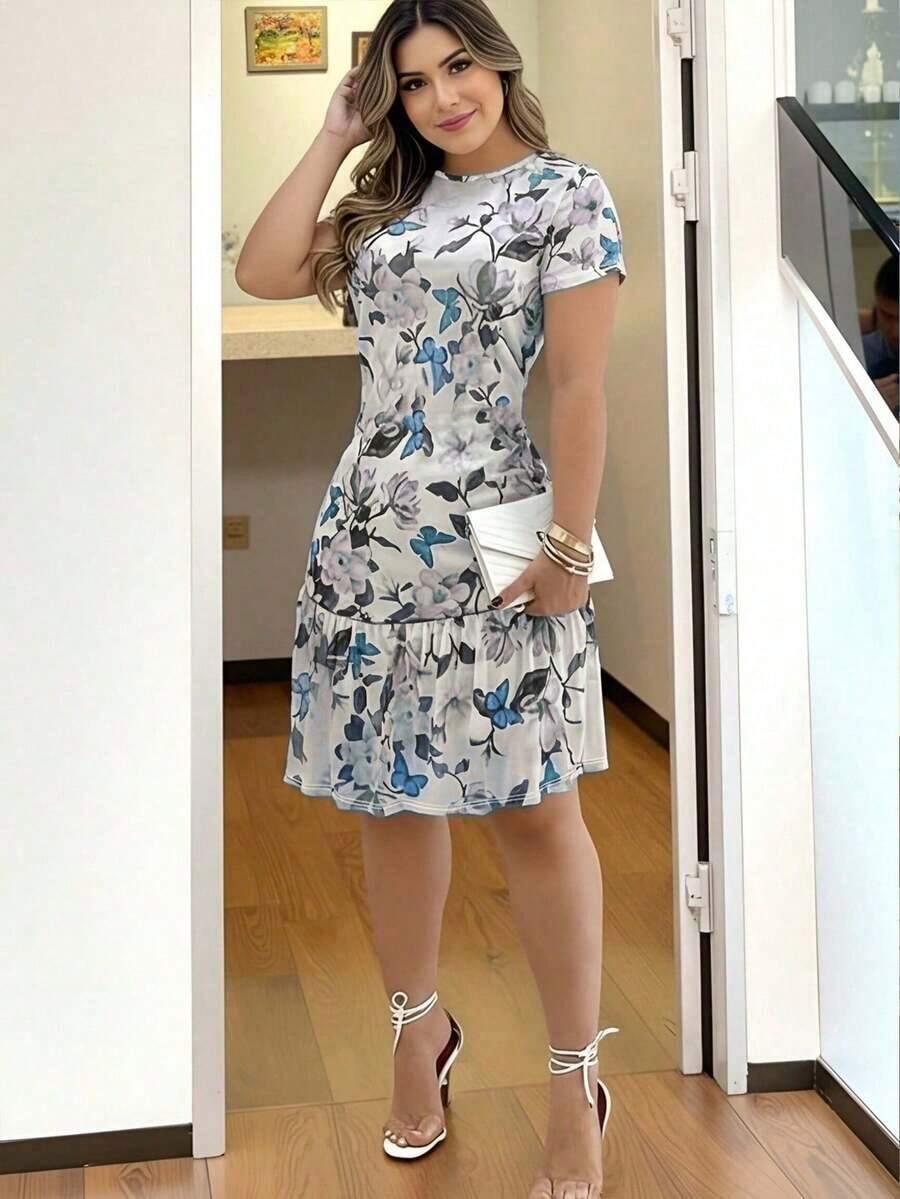 Tela de seda de leche con impresión digital de moda, material fresco de verano, adecuado para citas, hogar, vacaciones, campamento, playa, fotografía, baile, fiestas, compras, estilo de vacaciones de verano versátil. Vestido corto con diseño de volantes, - Azul - Ver 1