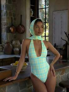 Traje de baño de dos piezas con estampado de lunares, escote asimétrico y espalda descubierta, atuendo de vacaciones en la playa para el verano - amarillo ganso - Ver 9