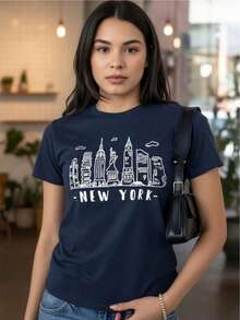 Women's T-Shirts With New York And Paris Print, Classic Short Sleeve Cut, Soft And Lightweight Fabric, Casual Urban Style, Comfortable And Versatile For Daily Looks And Modern Outfits. - 藍色 - 查看 6