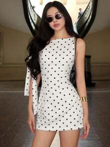 Vestido mini ajustado con estampado de lunares asimétrico y tirantes, elegante negro para primavera/verano - Blanco - Ver 4