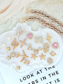 Fashionable Girl's Jelly Shoes Charms Set - Bow, Dollar Sign, Star & Flower Decor, Shiny Hole Punch Shoe Accessories - Gold Powder Dancer Chain Set - View 5