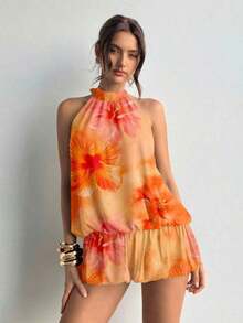 casual de verano para mujer con cuello halter, unicolor y volantes en el bajo - Naranja - Ver 8