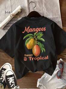 [Front And Back Print On Both Sides] Women's Casual Summer Top With Mango Branch And Leaf Print, Sweet Tropical Style, Short Sleeve, Round Neck, Pure Cotton T-Shirt [Ling], Summer - Black - View 2