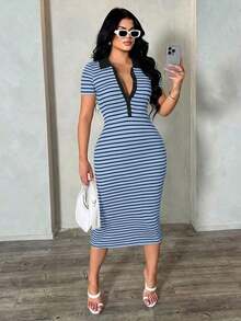 Vestido polo de manga corta a rayas blanco y negro de estilo minimalista y casual para ir al trabajo, vestido de punto de media longitud con ajuste ceñido y gran elasticidad, vestido elegante francés - Azul - Ver 5