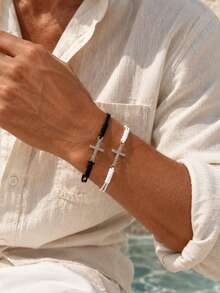2pcs Minimalist Fashion Versatile Rhinestone Cross Braided Adjustable Bracelets For Men, Suitable For Daily, Party, Vacation, All Season Accessories - Black and White - View 4