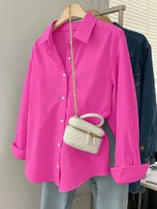 Camisa de mujer de manga larga, de unicolor, versátil y casual, holgada - Rosa Fucsia - Ver 1