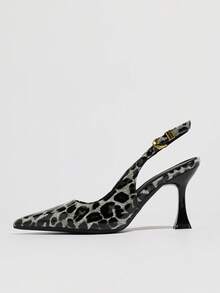 2026 New Metal Buckle Comfortable Red Midsole Fabric Women's Elegant Pointed Toe Elastic Back Closed Toe Sandals High Heels - Grey - View 4