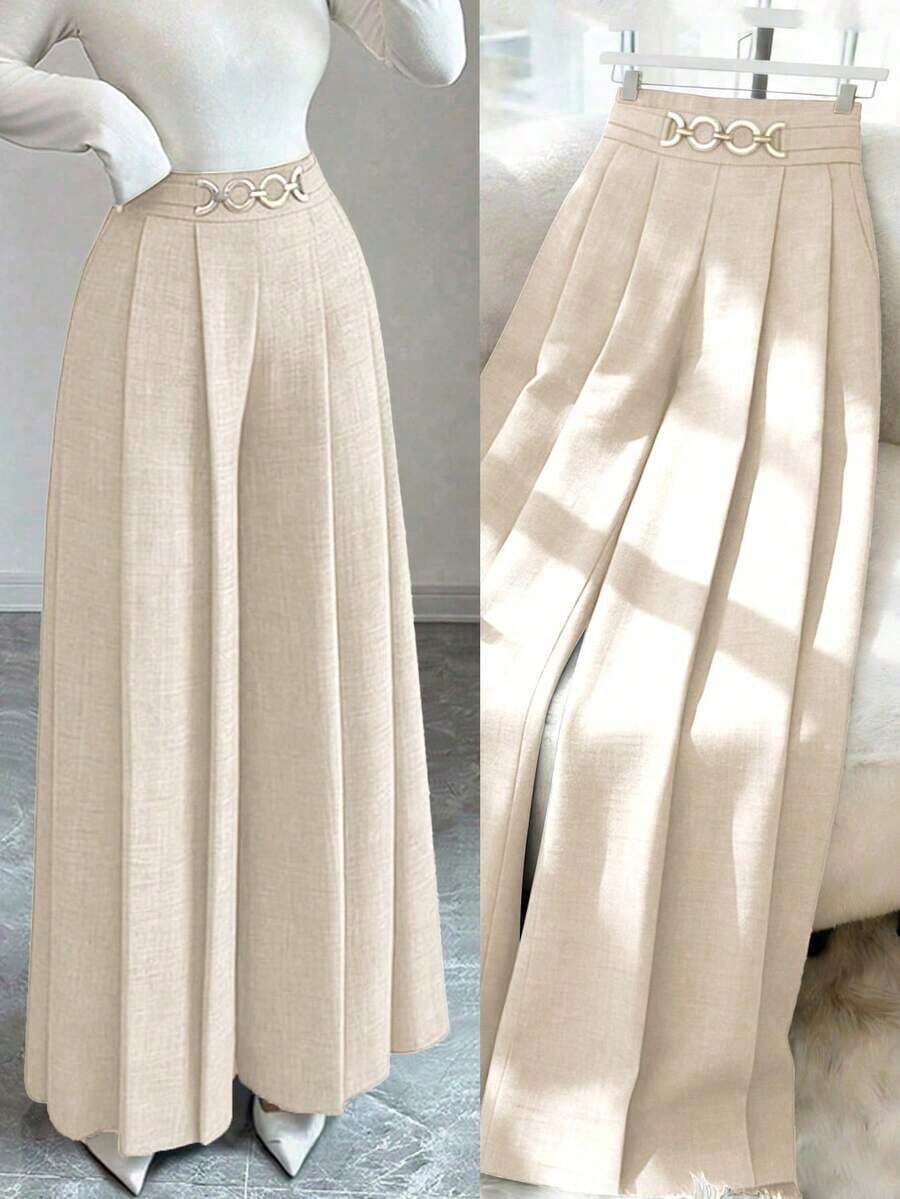 Nuevos pantalones casuales y elegantes para mujer con cintura alta, cremallera lateral, diseño de botones decorativos y pierna acampanada, adecuados para primavera y otoño - Albaricoque - Ver 1