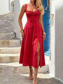 Sedessea Women's Summer Elegant Sexy Cinched Waist A-Line Halter Neck Slit Dress - Red - View 3