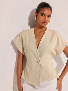 Denim Blusa de mezclilla de manga de murciélago con un solo botón de moda para mujer, de verano - Albaricoque - Ver 1