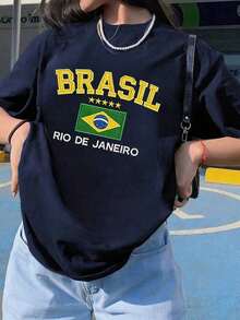 Camiseta de manga corta informal de verano para mujer con estampado de la bandera de Río de Janeiro, Brasil, de corte holgado y cuello redondo. - Azul Marino - Ver 2