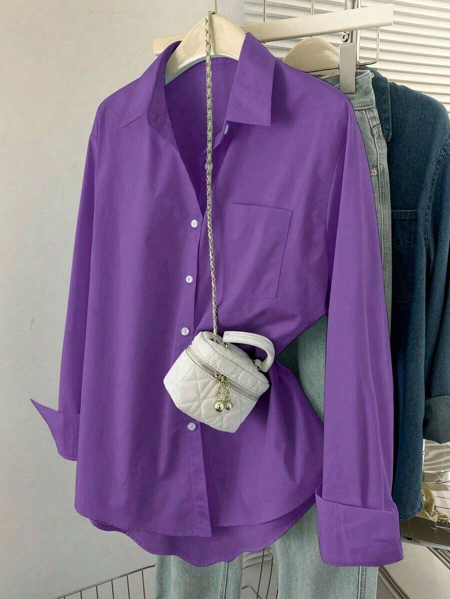 Camisa casual de mujer de unicolor, de manga larga, de un solo pecho y con bolsillo - Morado Violeta - Ver 1