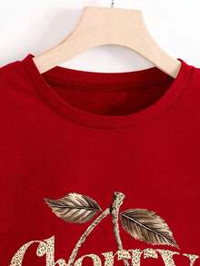 Plus Size Women's Short-Sleeved Blouse With Round Neck And Leopard And Cherry Print - 紅色的 - 查看 3