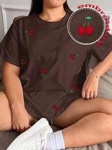 Envío gratis, entrega local enéxico, entrega en 4 días.Camiseta casual negra de manga corta talla con bordado de cerezas. - Marrón Chocolate - Ver 5