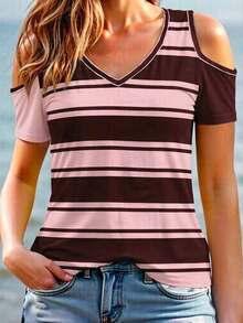 Blusa de manga corta con hombros descubiertos, diseño de cuello en forma de corazón, estampado de rayas y parches de unicolor, apropiada para primavera/verano, uso casual y laboral - Rosa - Ver 5
