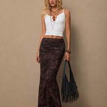 Freevana Women's Casual Bohemian Retro Western Paisley Cashew Flower Print Versatile Brown Knit Skirt, Suitable For Spring, Music Festival - Blanco y Negro - Ver 6