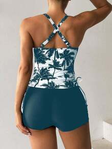 Bikini Estilo Chaleco Estampado Con Palmeras Para Mujer, Para Carnaval - Agua verde azul - Ver 2