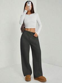 Pantalón de chándal de pierna recta con detalle de guijarro para mujer, mezcla de algodón cómoda - Gris Oscuro - Ver 3