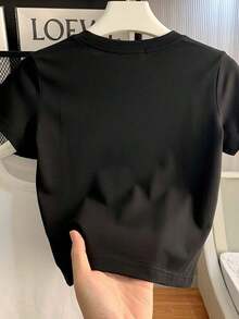 Y2K Personalizado Estética Negro & Rosa Corto Manga Camiseta Mujeres, Clásico Dramático Eslogan Recortado Superior 5 Nuevo Negro Redondo Cuello Corto Manga Camiseta Mujeres, Recortado Alto Cintura Diseño Carta Imprimir Gráfico Tee Informal Blanco Verano-Vintage Calle Estilo Suelto Algodón Corto Manga Tripulación Cuello Camiseta - Negro - Ver 4