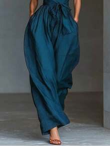 Mono pantalón amplio de lino de moda mujer europeo, tirantes cruzados, cordón ajustable, corte favorecedor y casual elegante - Azul - Ver 7
