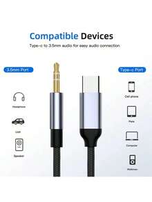 1pc 3.5mm Audio Cable, Type-C To 3.5mm Jack Adapter Cable, Compatible With Speakers, Cars, Type-C To 3.5mm Mobile Phone Accessories, USB-C Adapter Cable - Black - View 1