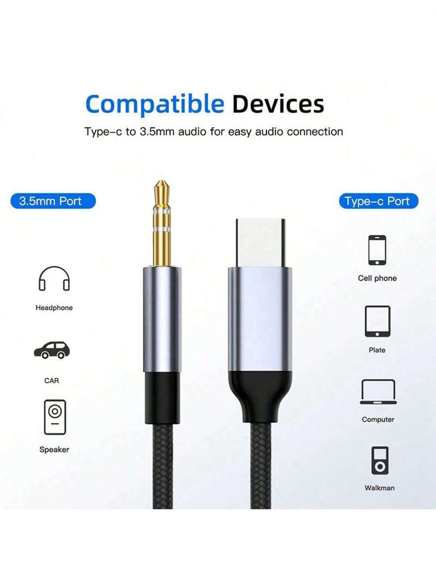 1pc 3.5mm Audio Cable, Type-C To 3.5mm Jack Adapter Cable, Compatible With Speakers, Cars, Type-C To 3.5mm Mobile Phone Accessories, USB-C Adapter Cable - Black - View 1