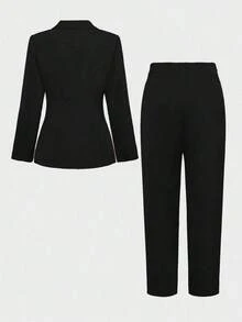 Set de 2 piezas: Chaqueta tipo blazer ajustada y elegante + Pantalones hasta el tobillo, adecuado para negocios, ir al trabajo y uso diario, color negro, primavera - Negro - Ver 7