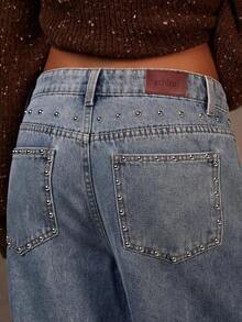 Jeans casuales rectos y sueltos con decoración de cuentas para mujer - Azul - Ver 1