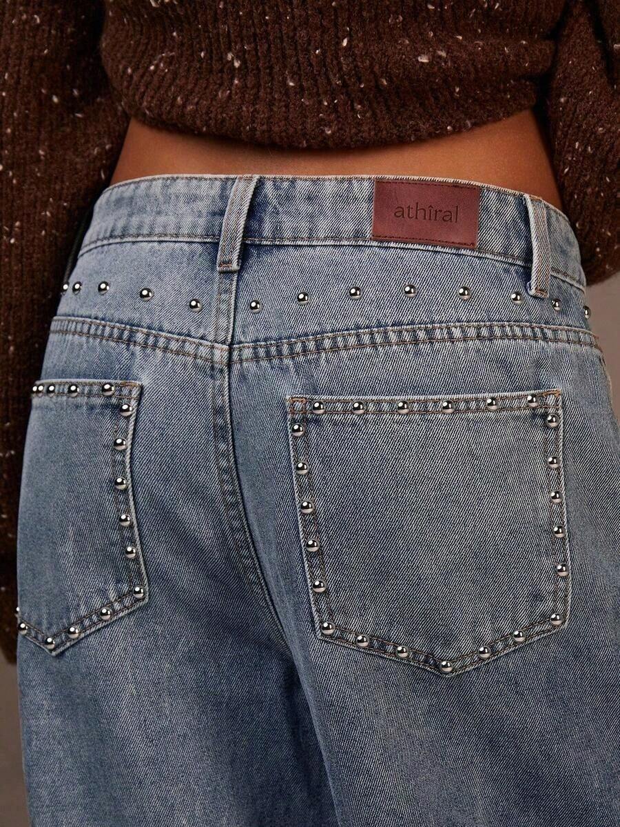 Jeans casuales rectos y sueltos con decoración de cuentas para mujer - Azul - Ver 1