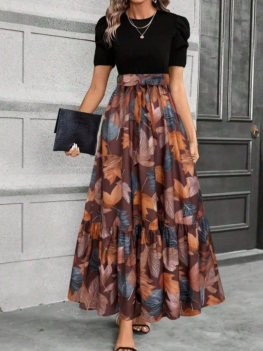 Vestido elegante de línea A con mangas abullonadas, decoración de lazo, diseño de bloques de color, cuello redondo, lavable a máquina, vestido casual para primavera/verano, adecuado para trabajo, fiesta, playa, vacaciones de lujo - Multicolor 4 - Ver 1