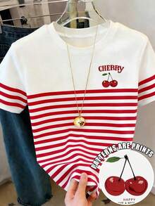 Camiseta de manga corta de mujer con cuello redondo, estampado de rayas, parches y corazones, de uso casual y versátil para uso diario - Multicolor - Ver 6