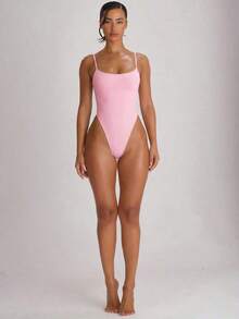 Resort Traje de baño con cuello recto, tirantes y corte alto en la pierna, tipo cheeky.Traje de baño básico unicolor para vacaciones, verano y viajes a la playa. - Rosa - Ver 5